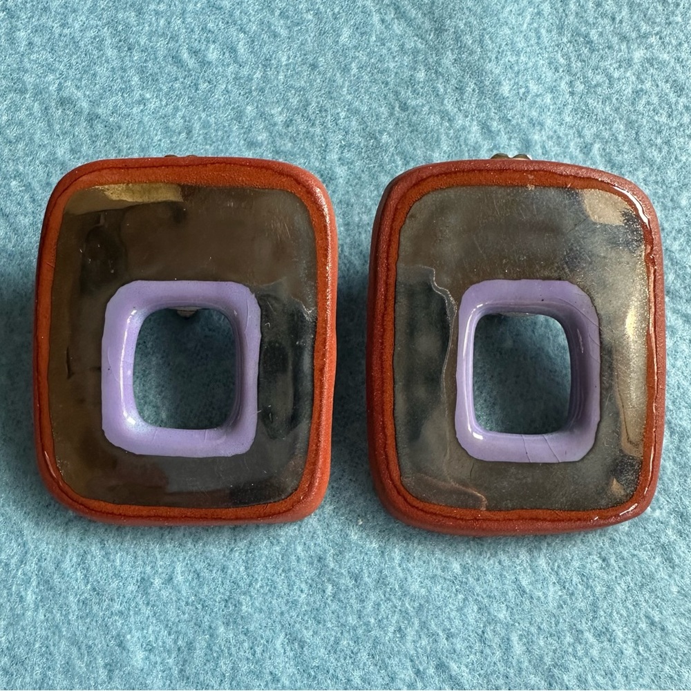 Unique One of a Kind Designer Clip on Earrings Terracotta Enamel signed: LEWIS